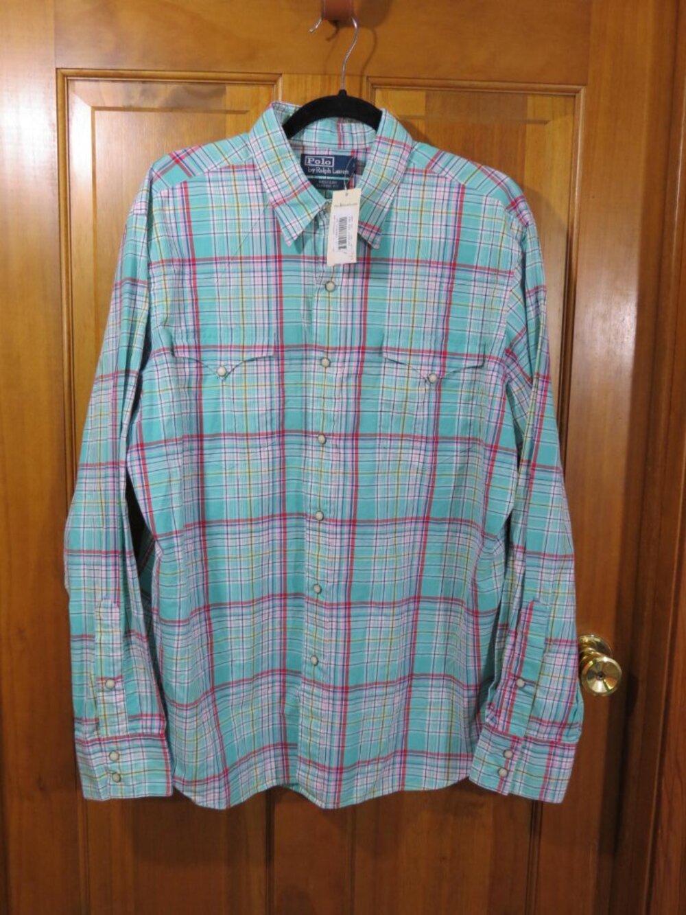 NWT Ralph Lauren Men Western Plaid Pearl Snap Shirt Turquoise Pink Size L